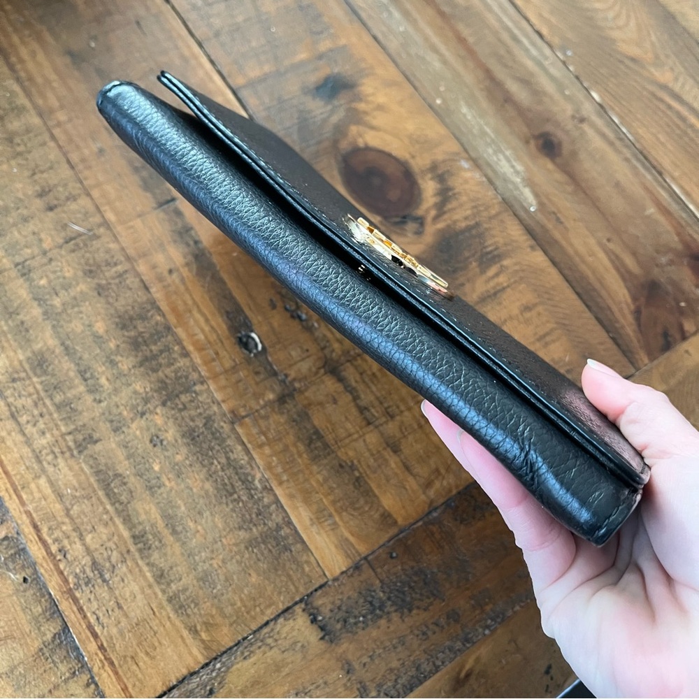 Michael Kors Leather Bifold Wallet Long Black Gold Logo Large Coin Pouch Snap - Picture 9 of 11